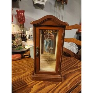 Vintage Wood Upright Jewelry Box, Floral Etched Glass‎ Door, Made In Taiwan Rare